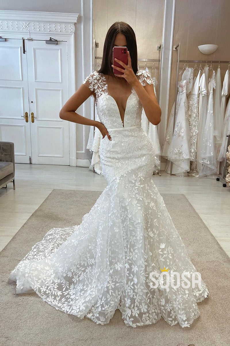 lace cap sleeve trumpet wedding dress Stunning V-Neck Trumpet Cap Sleeve Wedding Dress