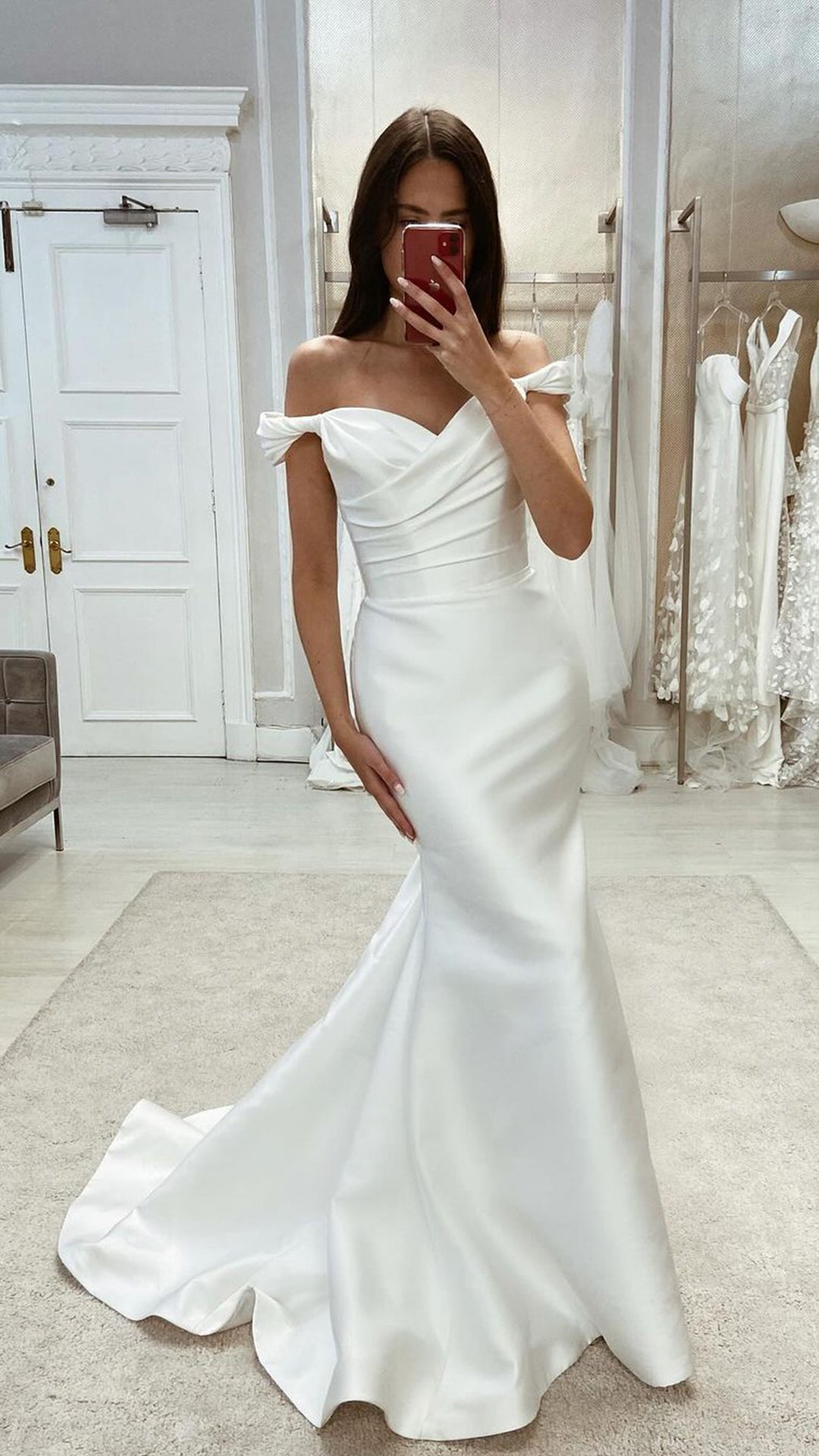 Chic Satin Trumpet Off Shoulder Ruched With Train Beach Wedding Dess QW8118