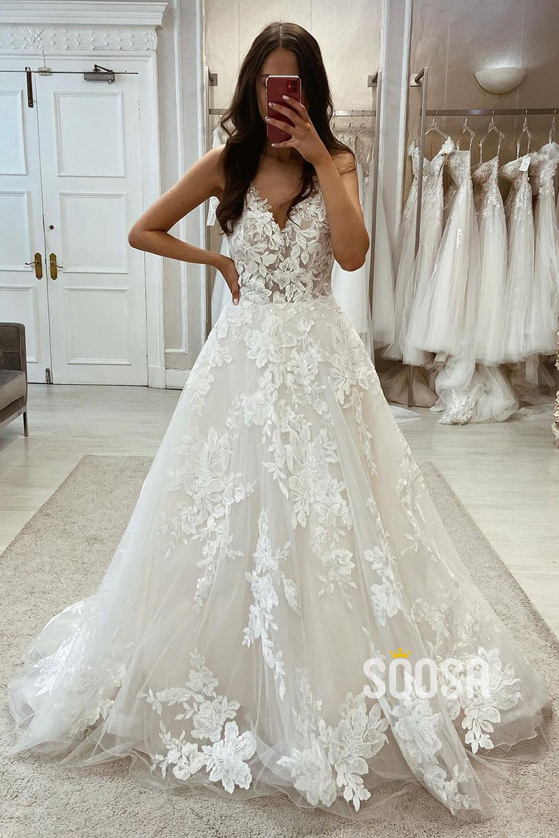 Tulle A-Line V-Neck Spaghetti Straps Sleeveless Lace Applique Boho Wed SQOSA Tulle A-Line V-Neck Spaghetti Straps Sleeveless Lace Applique Boho Wed SQOSA