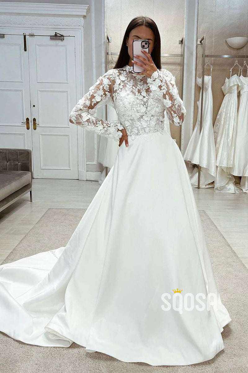 Two Tone A-Line High Neck Long Sleeve Lace Applique With Train Wedding Dress QW8099