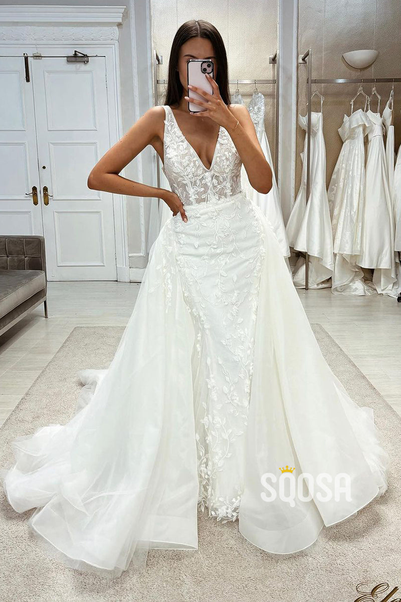 A-Line V-Neck Sleeveless Lace Applique With Overskirt Train Wedding Dress QW8098