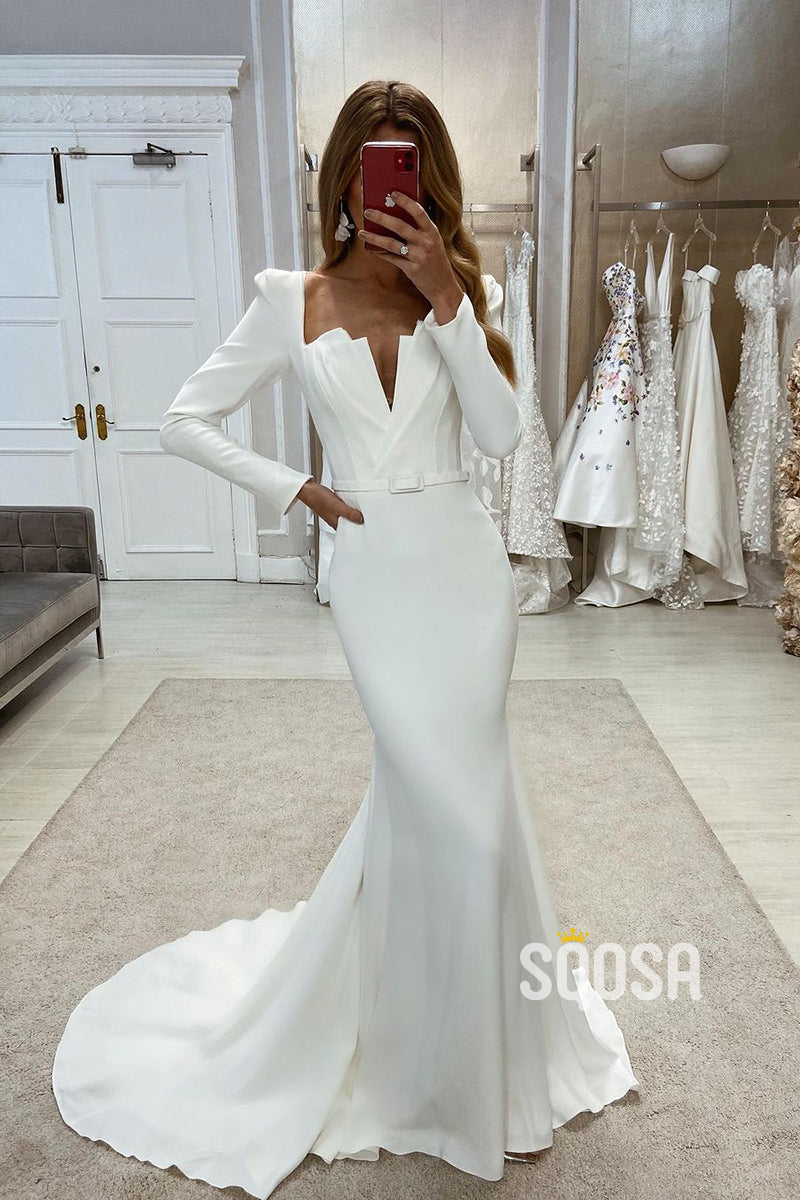 white long sleeve trumpet dress DeKlaire 483 Trumpet Wedding Dress Long Sleeve Bridal Gown Champagne / XS