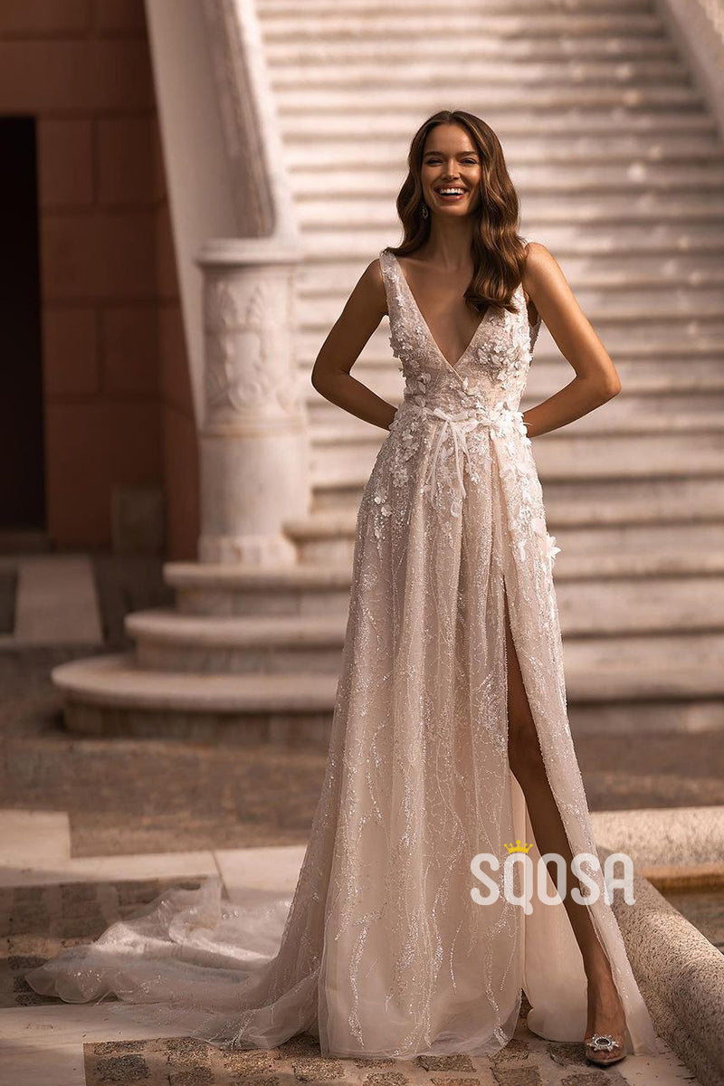 Sparkly V-Neck Applique Court Train Wedding Dress Bridal Gowns With Split QW8048 US10 / White Sparkly V-Neck Applique Court Train Wedding Dress Bridal Gowns With Split QW8048 US10 / White