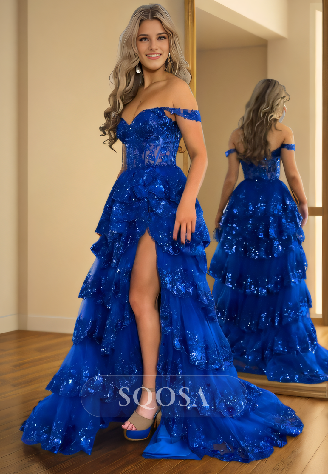 A-Line Sweetheart Off-Shoulder Sleeveless Pleated Tiered Sparkly Long Formal Prom Dress with High Slit Custom Color / US8 A-Line Sweetheart Off-Shoulder Sleeveless Pleated Tiered Sparkly Long Formal Prom Dress with High Slit Custom Color / US8