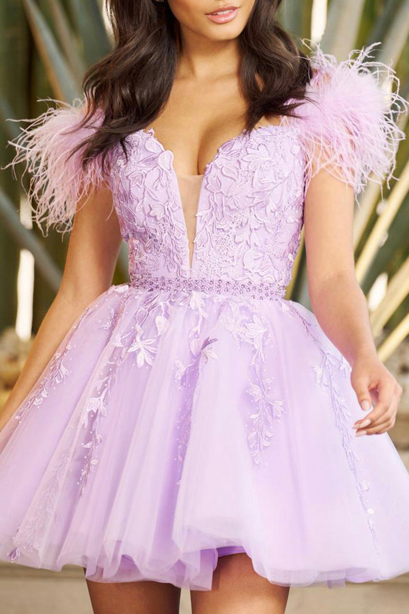 A Line Illusion V Neck Appliques Lilac Short Homecoming Dress QH0820 SQOSA A Line Illusion V Neck Appliques Lilac Short Homecoming Dress QH0820 SQOSA