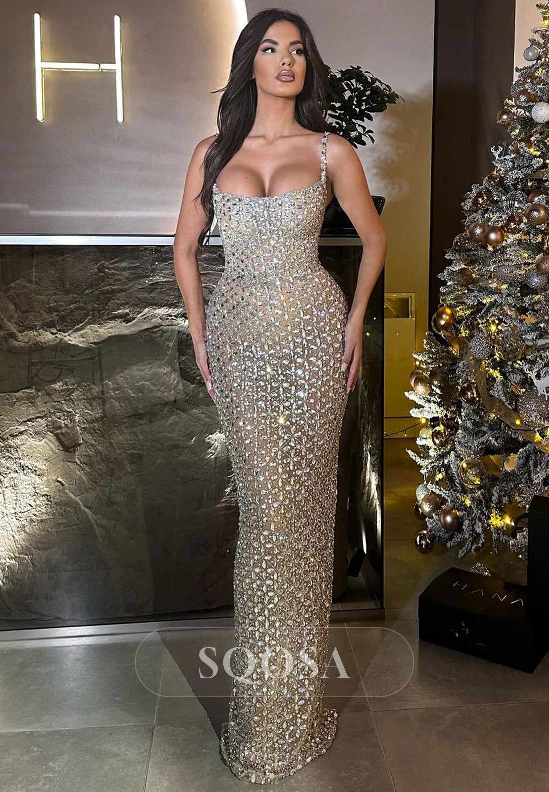 Square-Neck Spaghetti Straps Glitter-Knit Mermaid Dress Sleeveless Ill SQOSA Square-Neck Spaghetti Straps Glitter-Knit Mermaid Dress Sleeveless Ill SQOSA