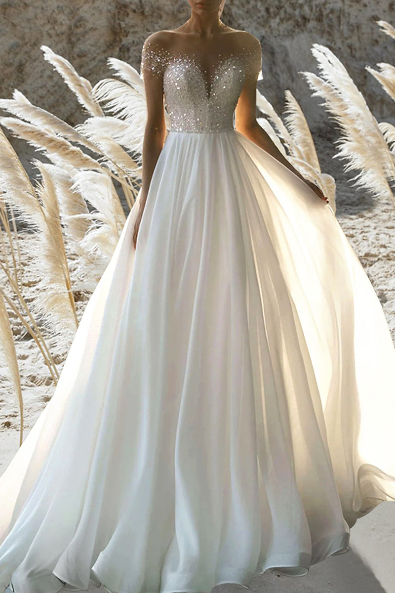 Beach Formal Wedding Dress A Line Short Sleeves Beading Summer Bridal Gown QW2387 US10 / White Beach Formal Wedding Dress A Line Short Sleeves Beading Summer Bridal Gown QW2387 US10 / White