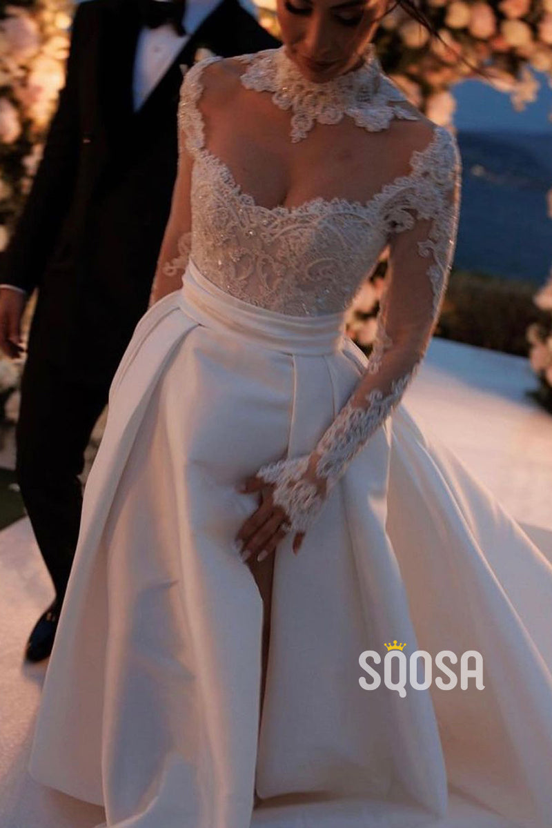 A-Line Applique Illusion Satin High Neck Waist Wedding Dress Bridal Gown QW8020 US14 / Custom Color A-Line Applique Illusion Satin High Neck Waist Wedding Dress Bridal Gown QW8020 US14 / Custom Color