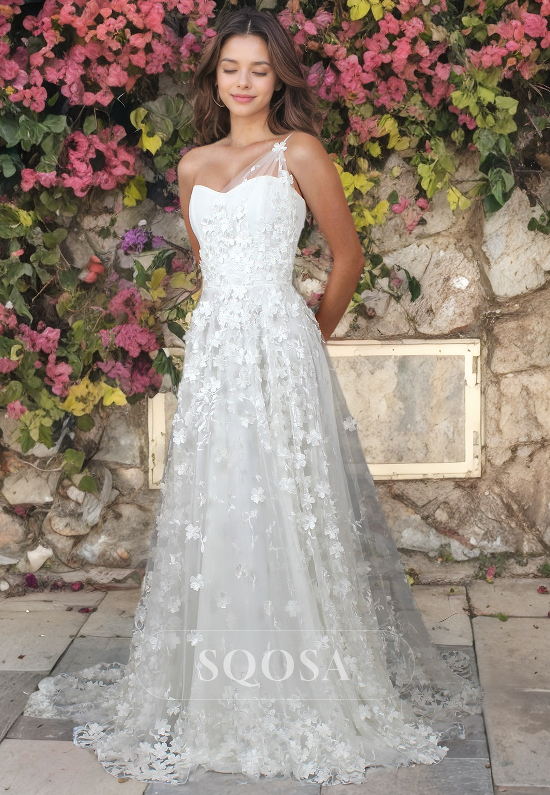 A-Line One-Strap Allover Lace Wedding Dress Sweetheart Sleeveless Bridal Dress with Train Custom Color / US16 A-Line One-Strap Allover Lace Wedding Dress Sweetheart Sleeveless Bridal Dress with Train Custom Color / US16