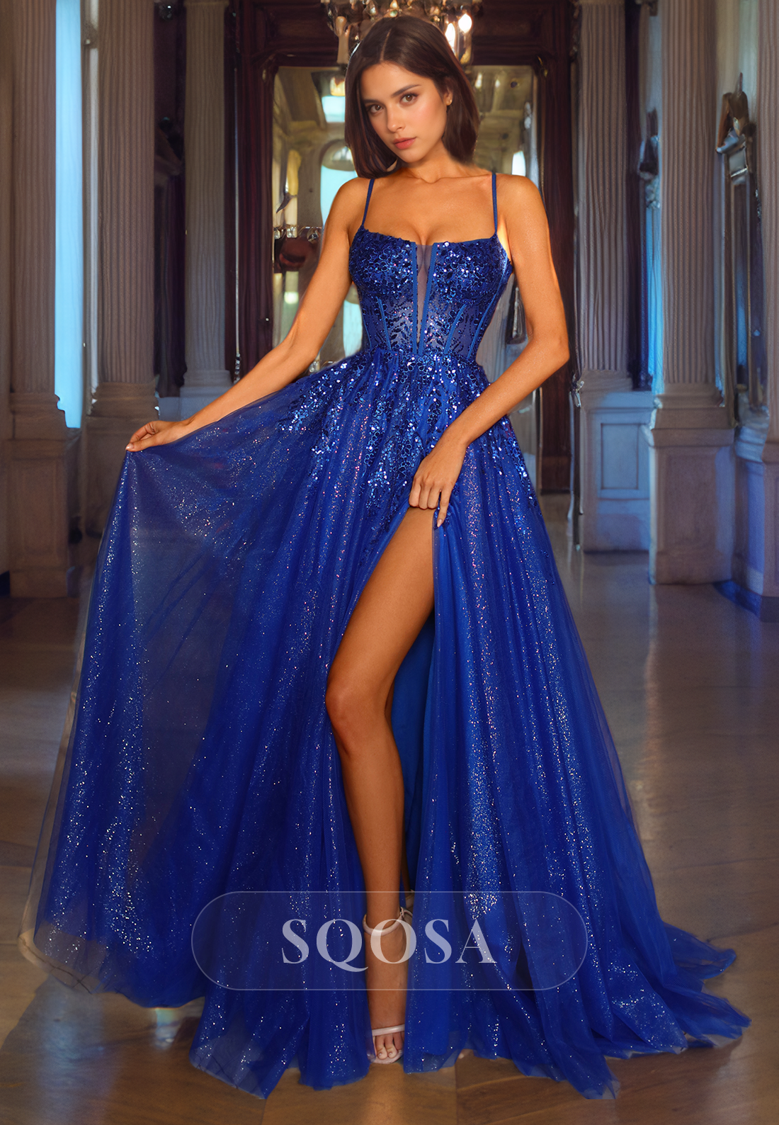 A line Plunging V neck Sequins Appliques Sparkly Prom Dress with Slit SQOSA A line Plunging V neck Sequins Appliques Sparkly Prom Dress with Slit SQOSA