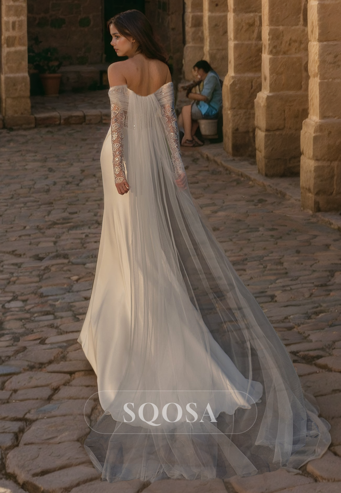 Tube Top Off-Shoulder Mermaid Wedding Dress Long Sleeves Bridal Dress with Sweep Train