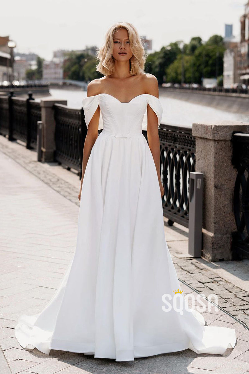 Chic & Modern A-Line Off-Shoulder Satin Waist Wedding Dress Bridal Gown QW8017 US14 / White & Ivory Chic & Modern A-Line Off-Shoulder Satin Waist Wedding Dress Bridal Gown QW8017 US14 / White & Ivory