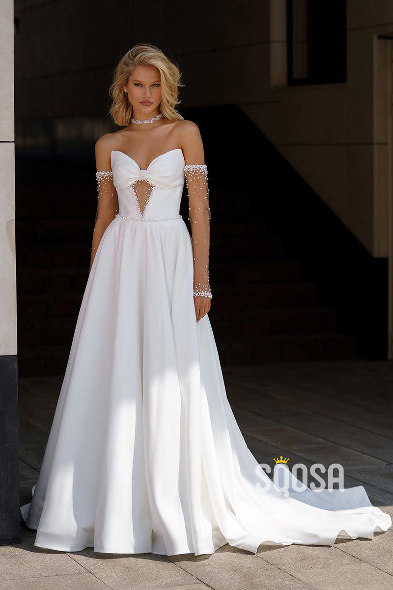 Illusion neckline Pearls Strapless Satin Wedding Dress Bridal Gowns With  Train QW8073