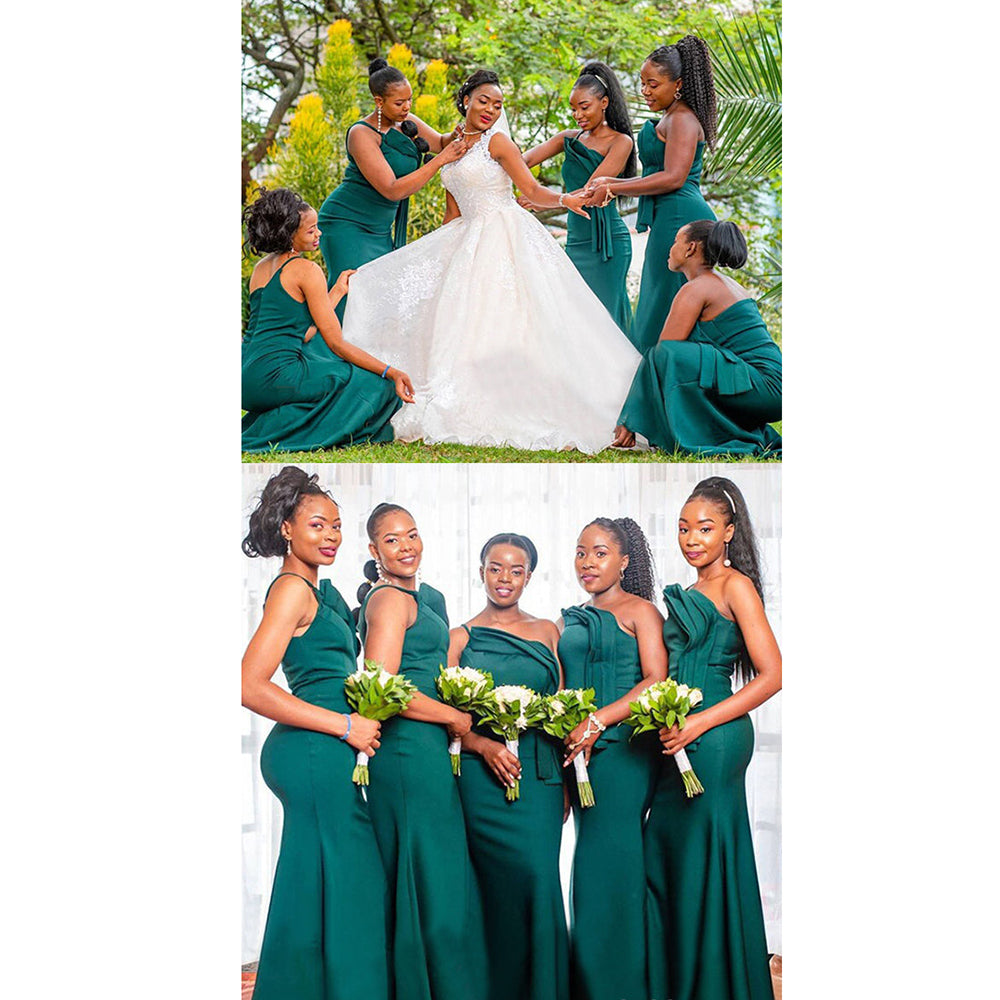 Unique One Shoulder Pleats Green Long Mermaid Bridesmaid Dress QB3104