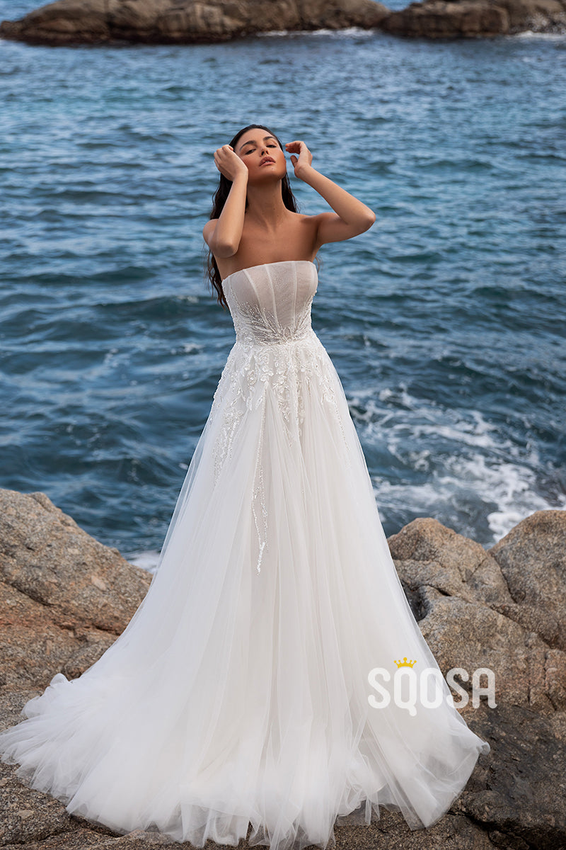 Tulle A-Line Detachable Off-Shoulder Empire Beaded Appliques With Side Slit Beach Wedding Dress QW8125 US4 / Custom Color Tulle A-Line Detachable Off-Shoulder Empire Beaded Appliques With Side Slit Beach Wedding Dress QW8125 US4 / Custom Color