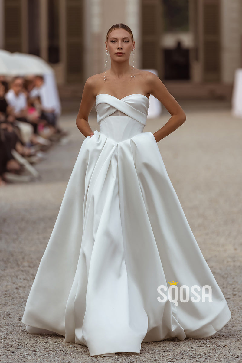 Satin A-Line Sweetheart Strapless Illusion Empire With Train Wedding Dress QW8123 US14 / Custom Color Satin A-Line Sweetheart Strapless Illusion Empire With Train Wedding Dress QW8123 US14 / Custom Color