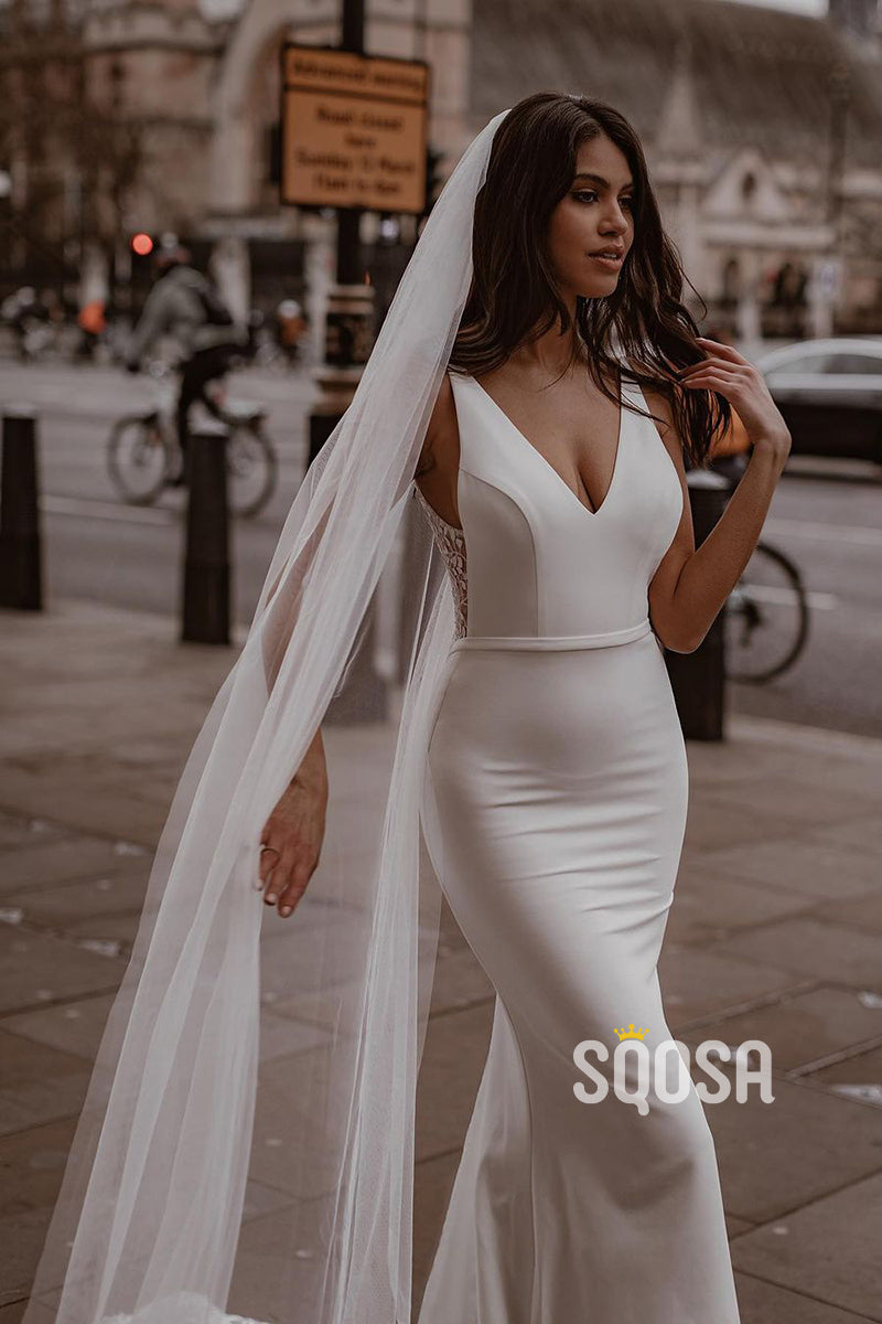QW8009 - V-Neck Straps Mermaid Sheath Casual Wedding Dress White Simple Bridal Gowns US6 / Custom Color QW8009 - V-Neck Straps Mermaid Sheath Casual Wedding Dress White Simple Bridal Gowns US6 / Custom Color