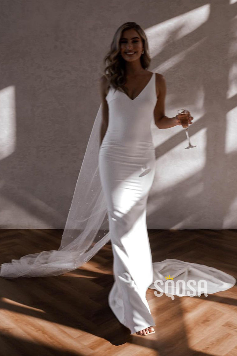 casual dress with train Modest A-Line Long Sleeve Floor Length Train Simple Casual Chiffon Bateau V-Back Wedding Dress, Diamond White / 14
