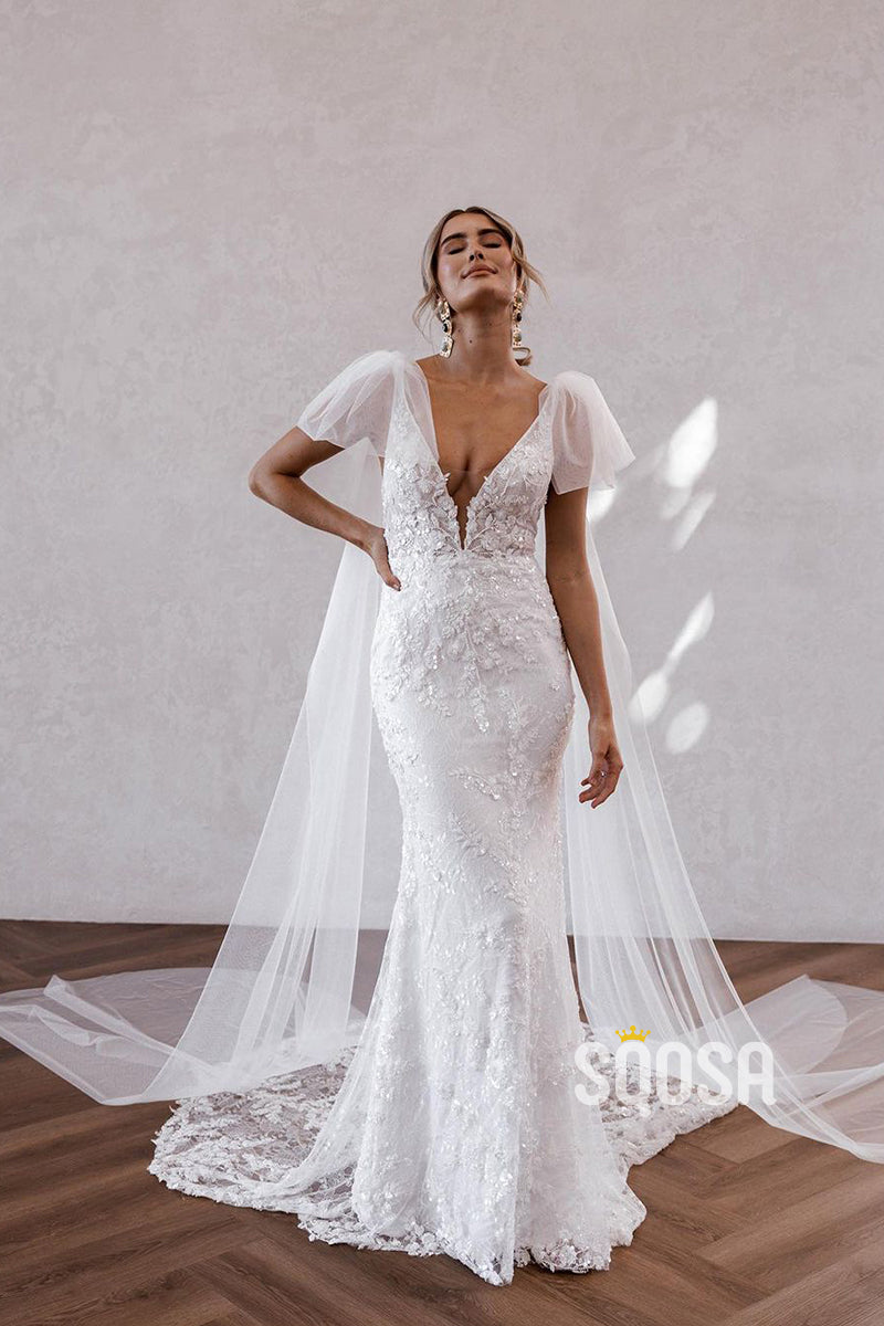 QW8008 - V-Neck Sheath Mermaid Applique Wedding Dresses with Shawl Bridal Gowns US4 / Custom Color QW8008 - V-Neck Sheath Mermaid Applique Wedding Dresses with Shawl Bridal Gowns US4 / Custom Color