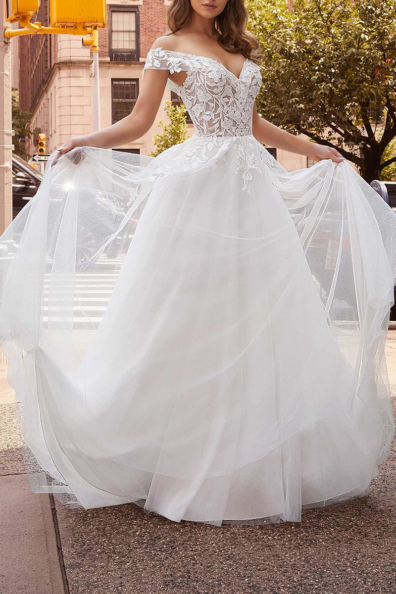Off Shoulder Lace Appliques Rustic White Wedding Dress with Detachable Skirt Bridal Gown QW2292 US16 / Custom Color Off Shoulder Lace Appliques Rustic White Wedding Dress with Detachable Skirt Bridal Gown QW2292 US16 / Custom Color