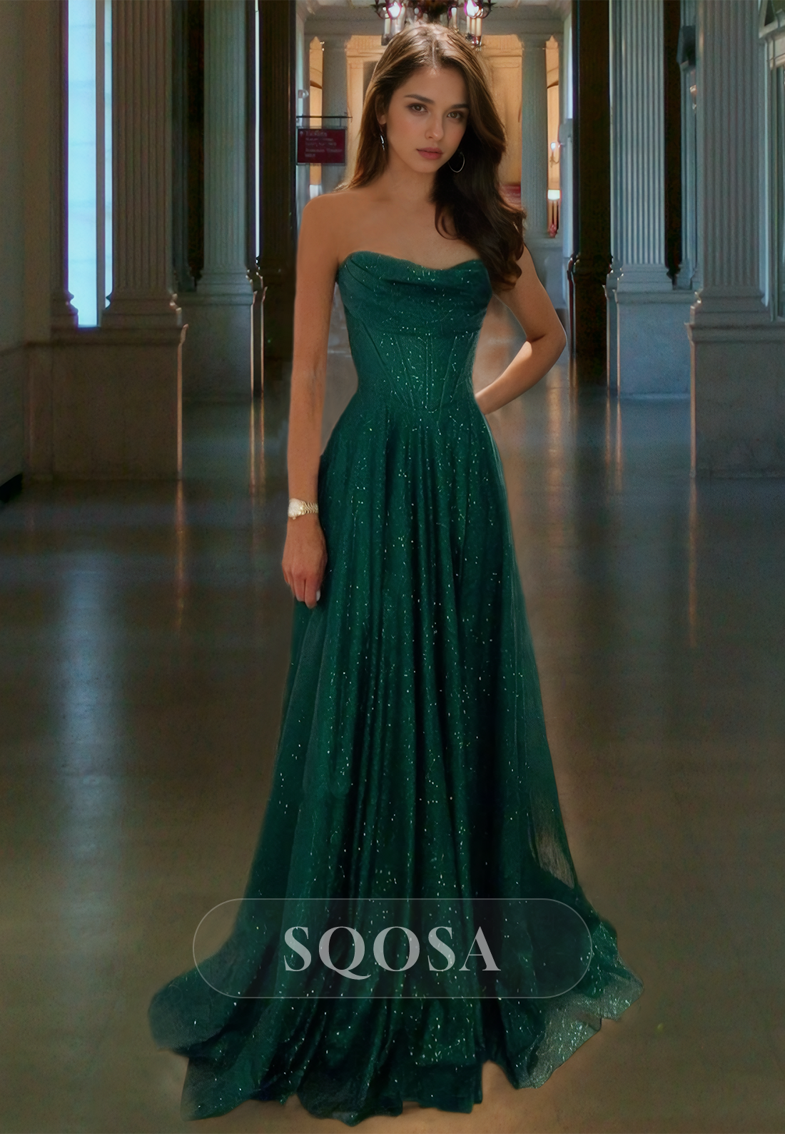 Sleeveless Sweetheart A-Line Prom Dress Pleated Beaded Glitter-Knit Fo SQOSA Sleeveless Sweetheart A-Line Prom Dress Pleated Beaded Glitter-Knit Fo SQOSA
