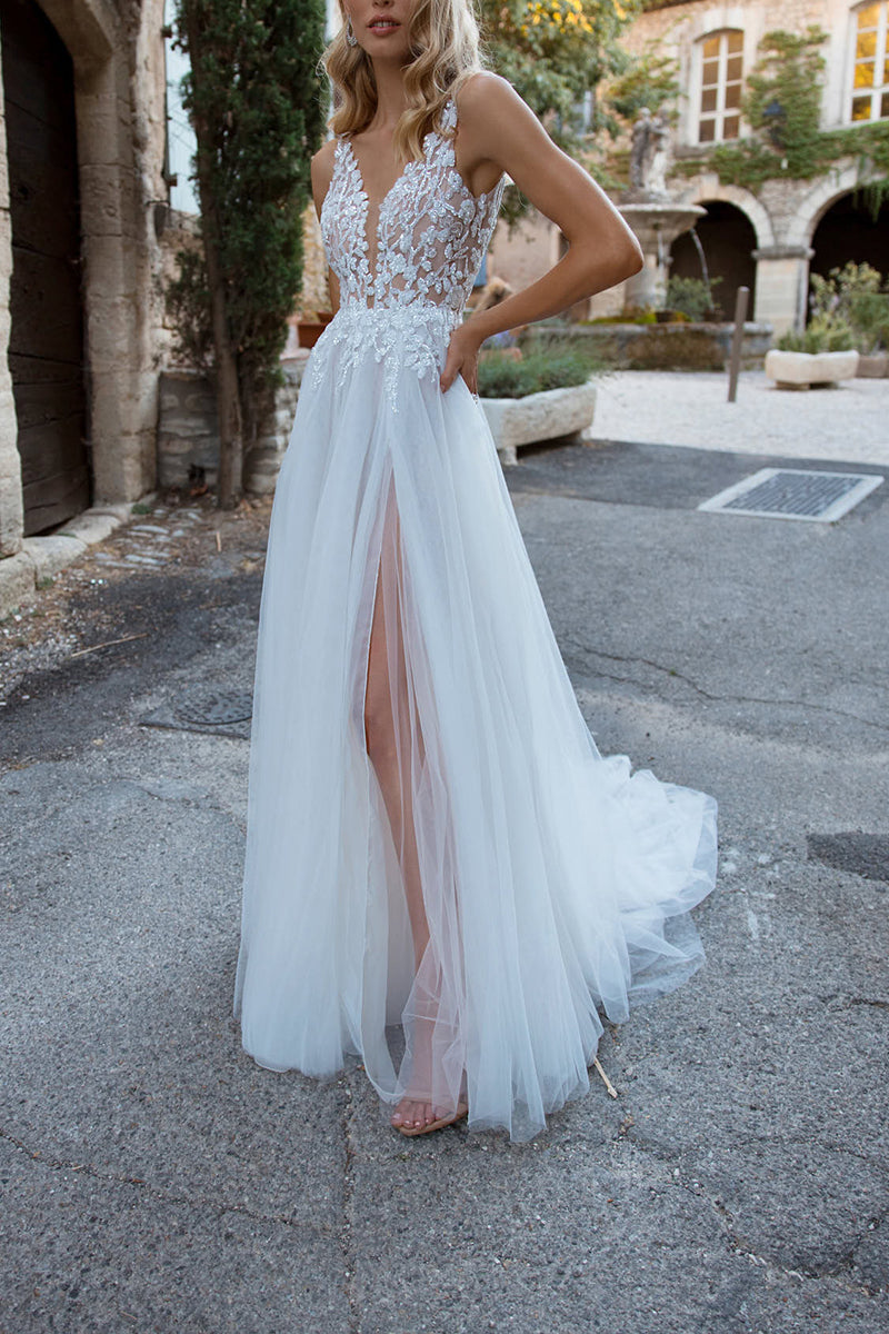 Illusion V Neck Lace Appliques A Line Boho Wedding Dress QW2300 US16 / Ivory Illusion V Neck Lace Appliques A Line Boho Wedding Dress QW2300 US16 / Ivory