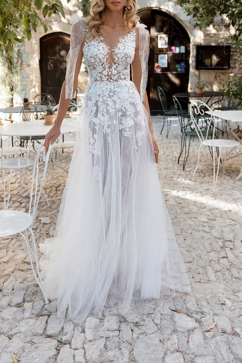 A Line Illusion V Neck Lace Appliques Boho Wedding Dress with Slit Bridal Gown QW2307 US16 / Custom Color A Line Illusion V Neck Lace Appliques Boho Wedding Dress with Slit Bridal Gown QW2307 US16 / Custom Color