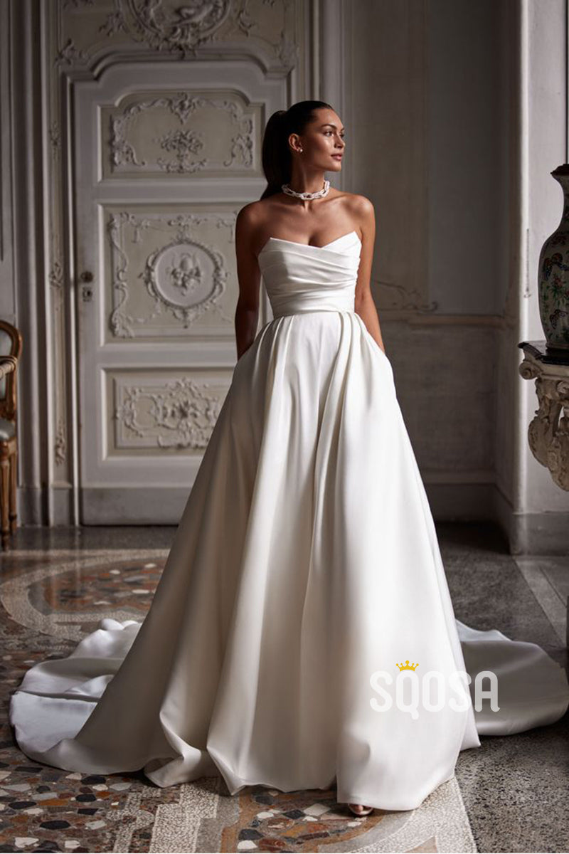 A line Strapless Satin Pleats Elegant Wedding Dress with Pockets QW222 SQOSA A line Strapless Satin Pleats Elegant Wedding Dress with Pockets QW222 SQOSA