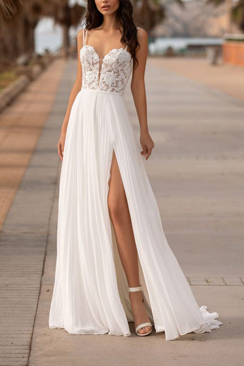 A Line V Neck Lace Appliques Side Slit Boho Beach Wedding Dress QW2601 US10 / White A Line V Neck Lace Appliques Side Slit Boho Beach Wedding Dress QW2601 US10 / White