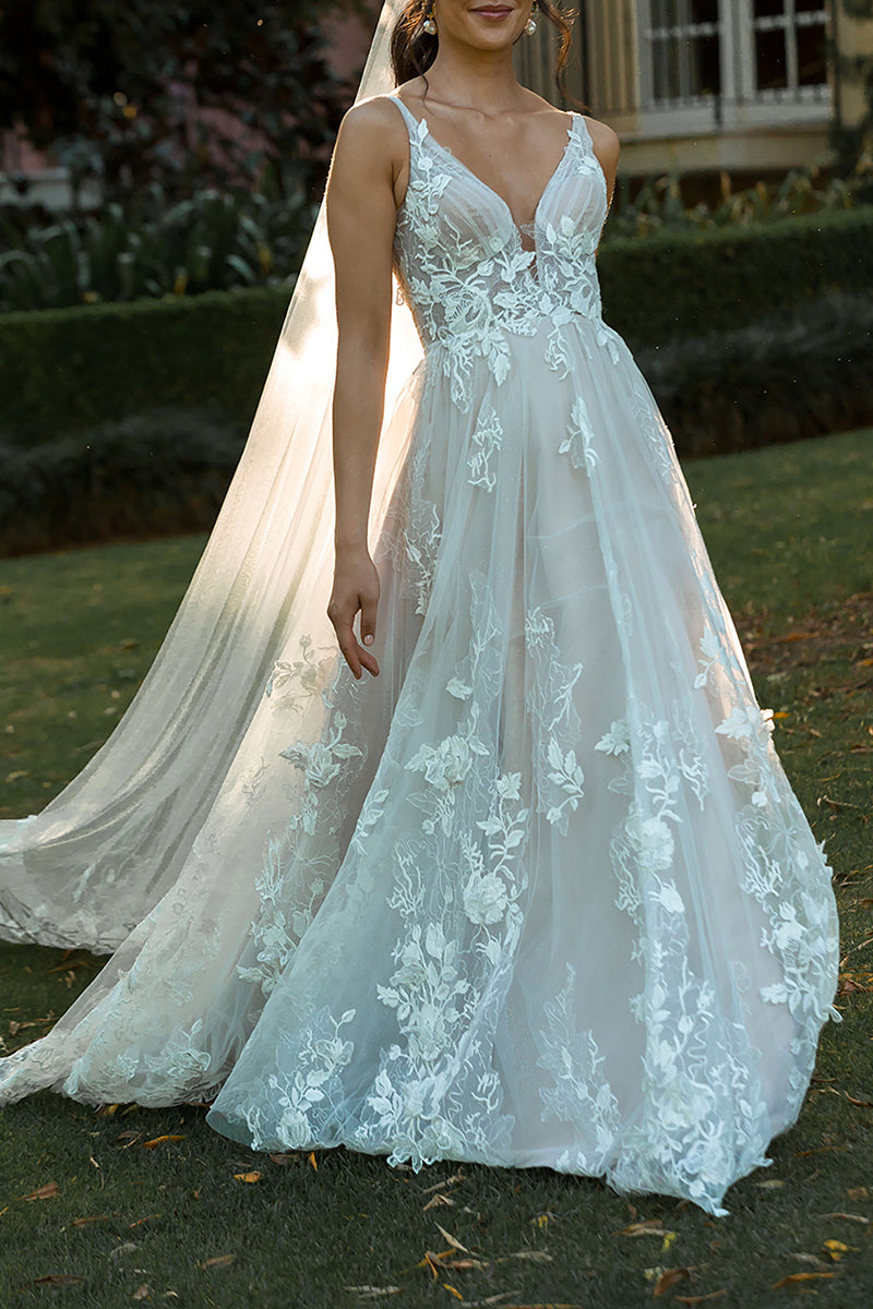 A Line V Neck Lace Appliques Boho Wedding Dress with Sweep Train QW2592 US16 / Custom Color A Line V Neck Lace Appliques Boho Wedding Dress with Sweep Train QW2592 US16 / Custom Color