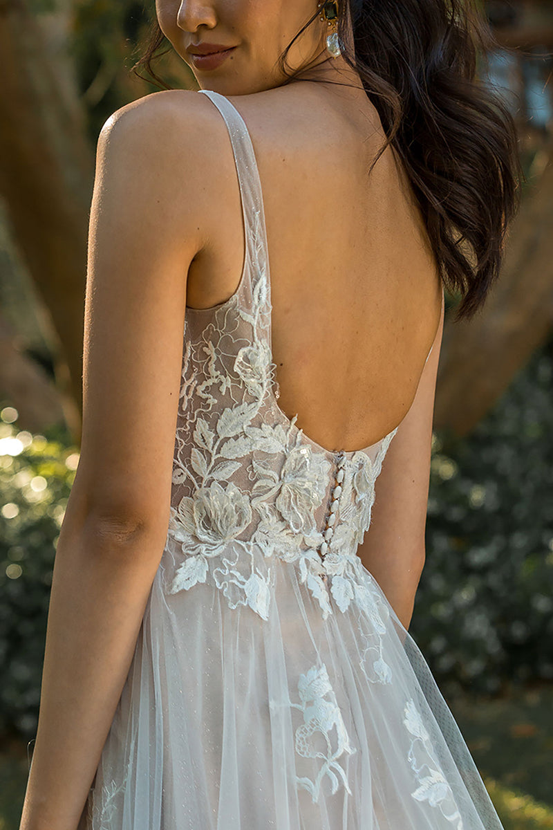 A Line V Neck Lace Appliques Boho Wedding Dress with Sweep Train QW2592