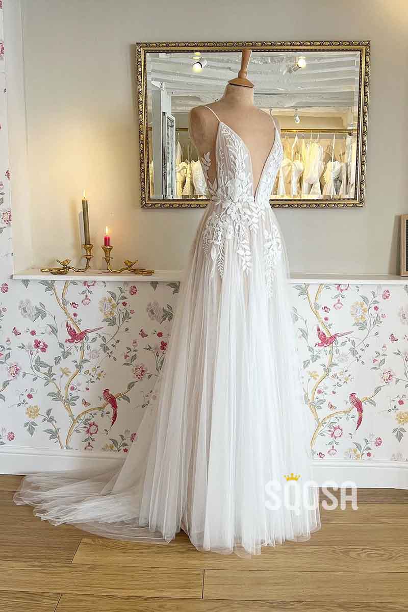 A Line Deep V neck Lace Appliques Elegant Boho Wedding Dress QW2357 US16 / Ivory A Line Deep V neck Lace Appliques Elegant Boho Wedding Dress QW2357 US16 / Ivory