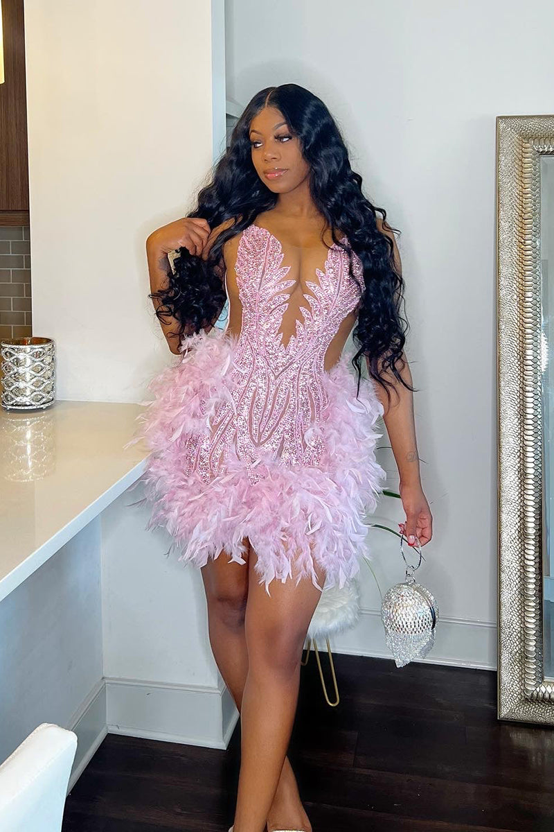 Illusion Deep V Neck Beads Feather Pink Homecoming Dress for Black