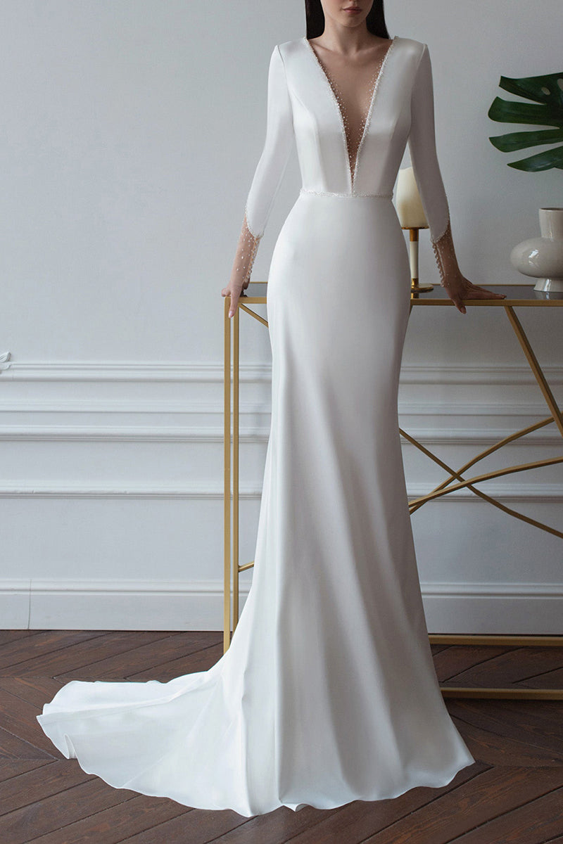 HOT Deep V Neck Satin Wedding Dress Sheath/Column Illusion