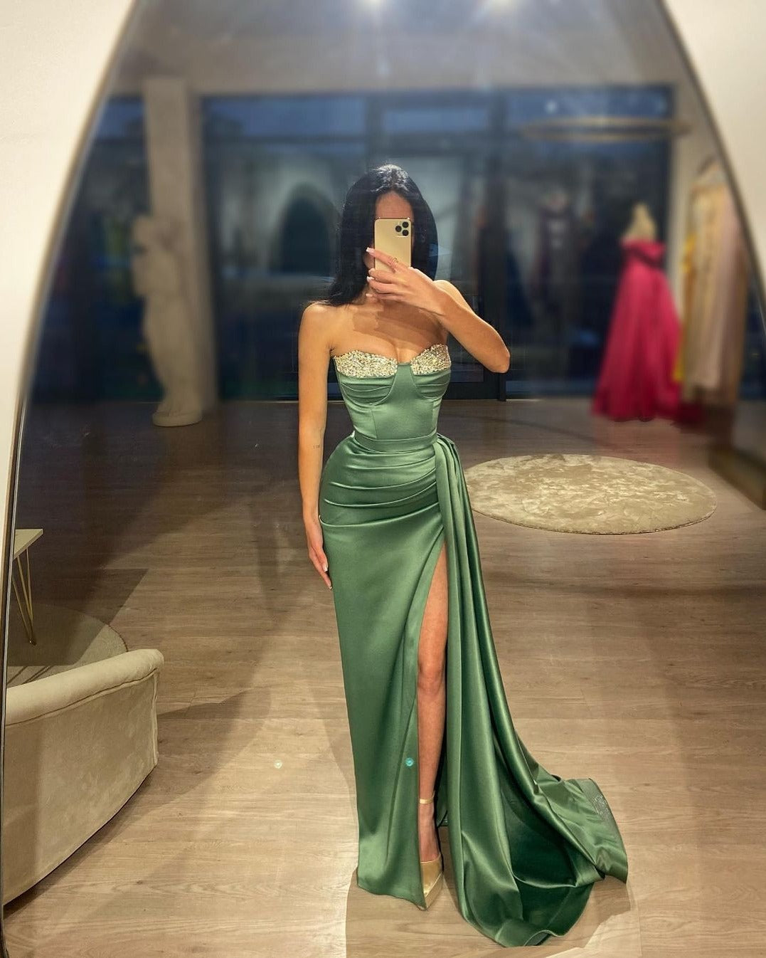 Sheath Column Strapless Beaded Green Long Sleeves Prom Dress with Slit SQOSA