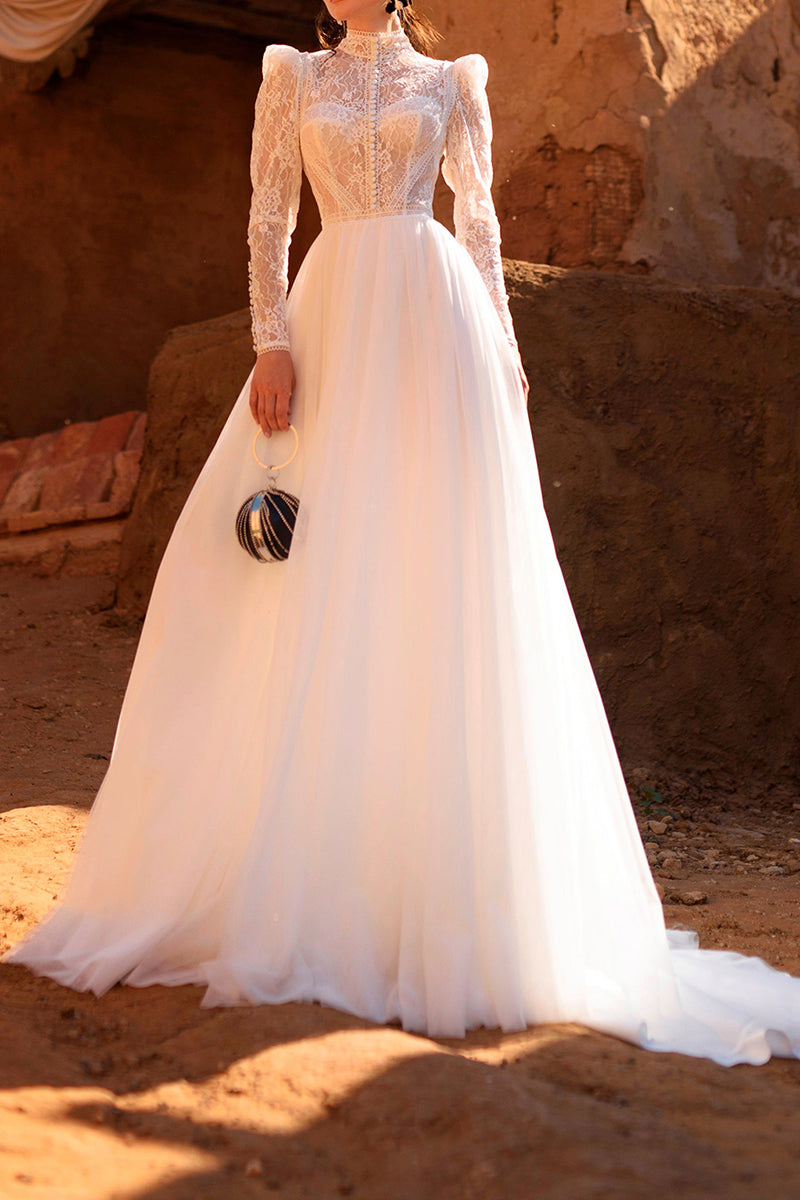 A Line Muslim High Neck Lace Long Sleeves Vintage Wedding Dress QW0934 Custom Size / Ivory A Line Muslim High Neck Lace Long Sleeves Vintage Wedding Dress QW0934 Custom Size / Ivory