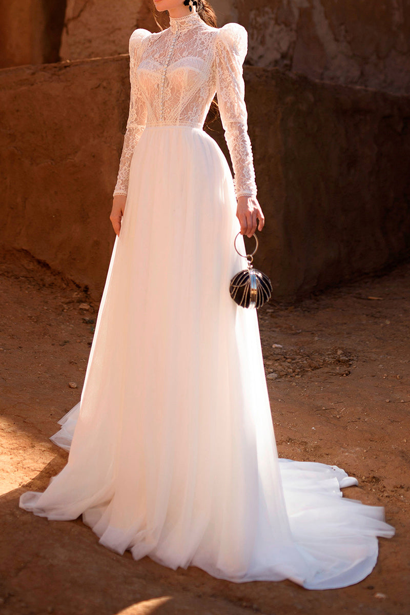 A line Muslim High Neck Lace Long Sleeves Vintage Wedding Dress QW0934