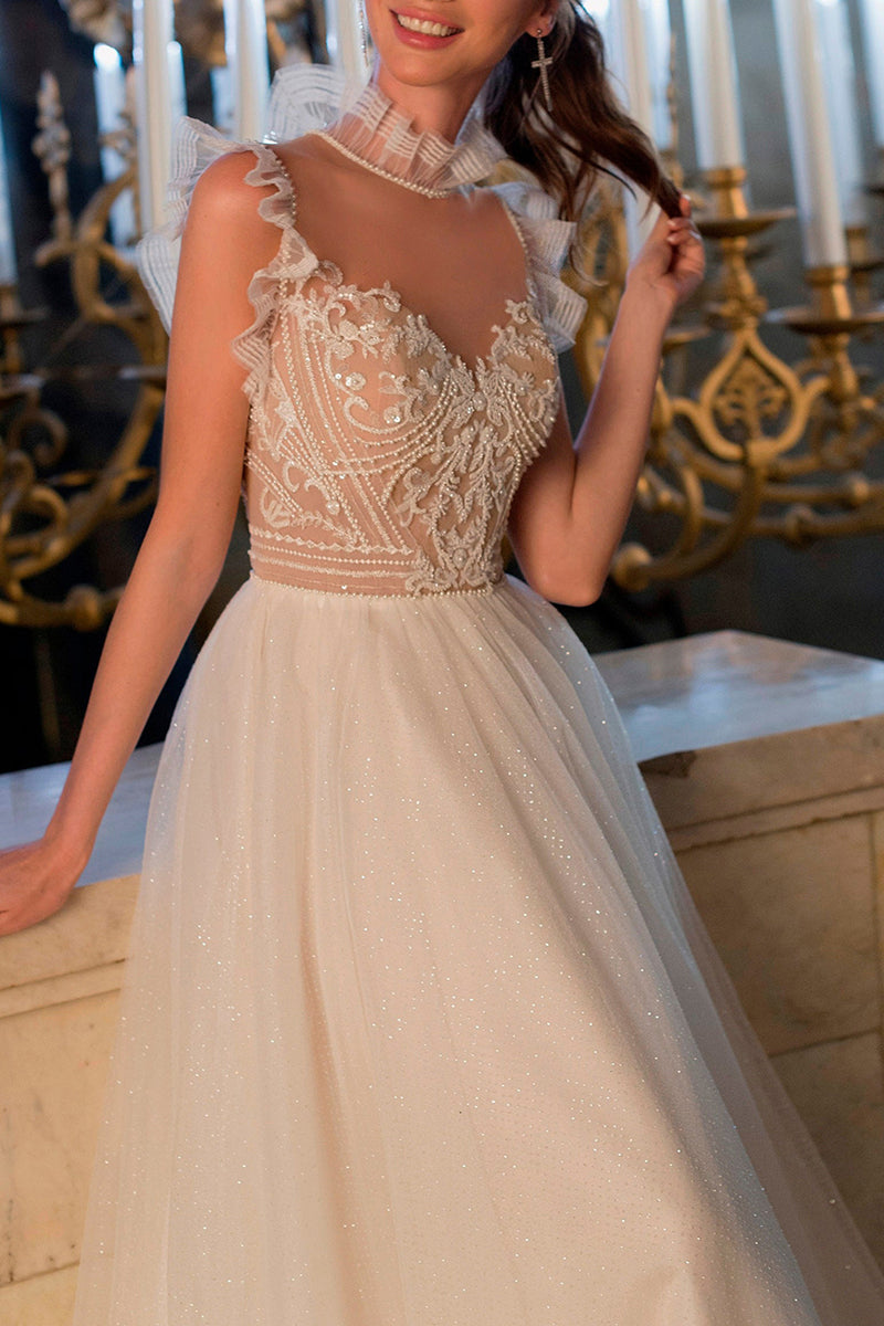 A line Illusion Neckline Beads Sparkly Boho Wedding Dress QW2127