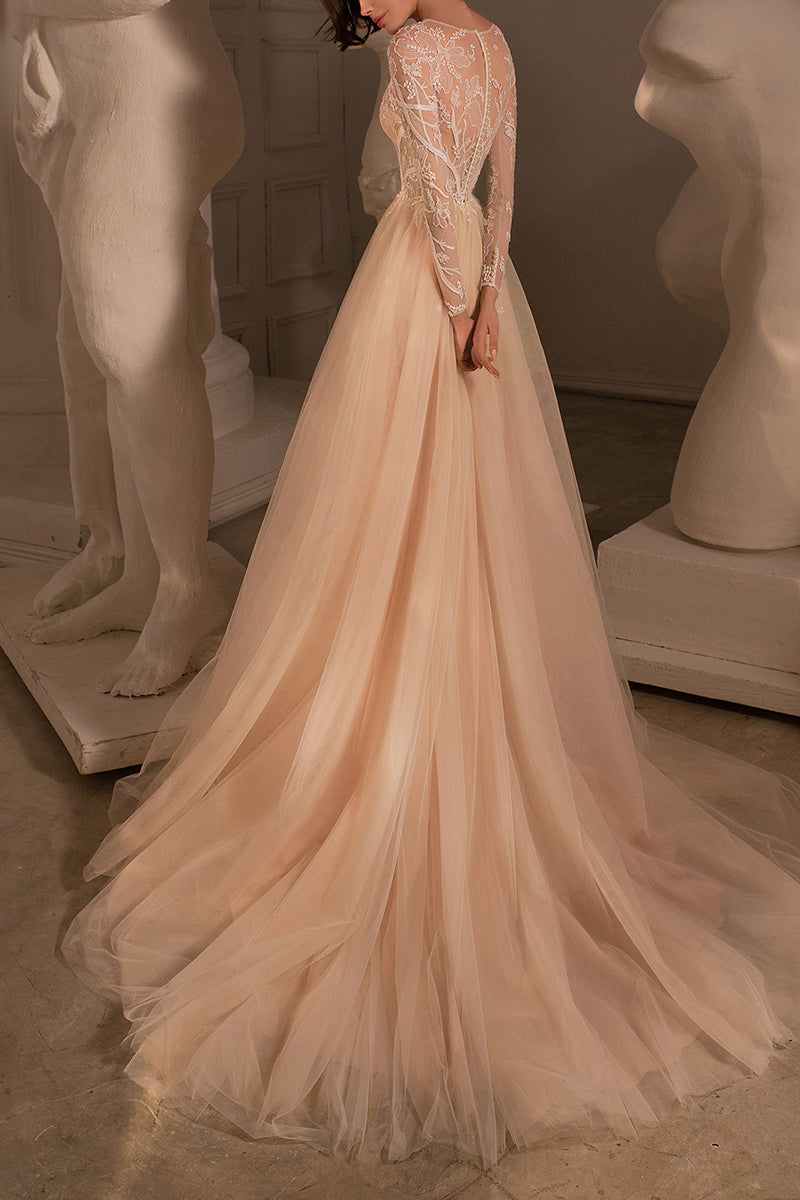 A Line Illusion Neckline Lace Embroidery Long Sleeves Boho Wedding Dress QW2129