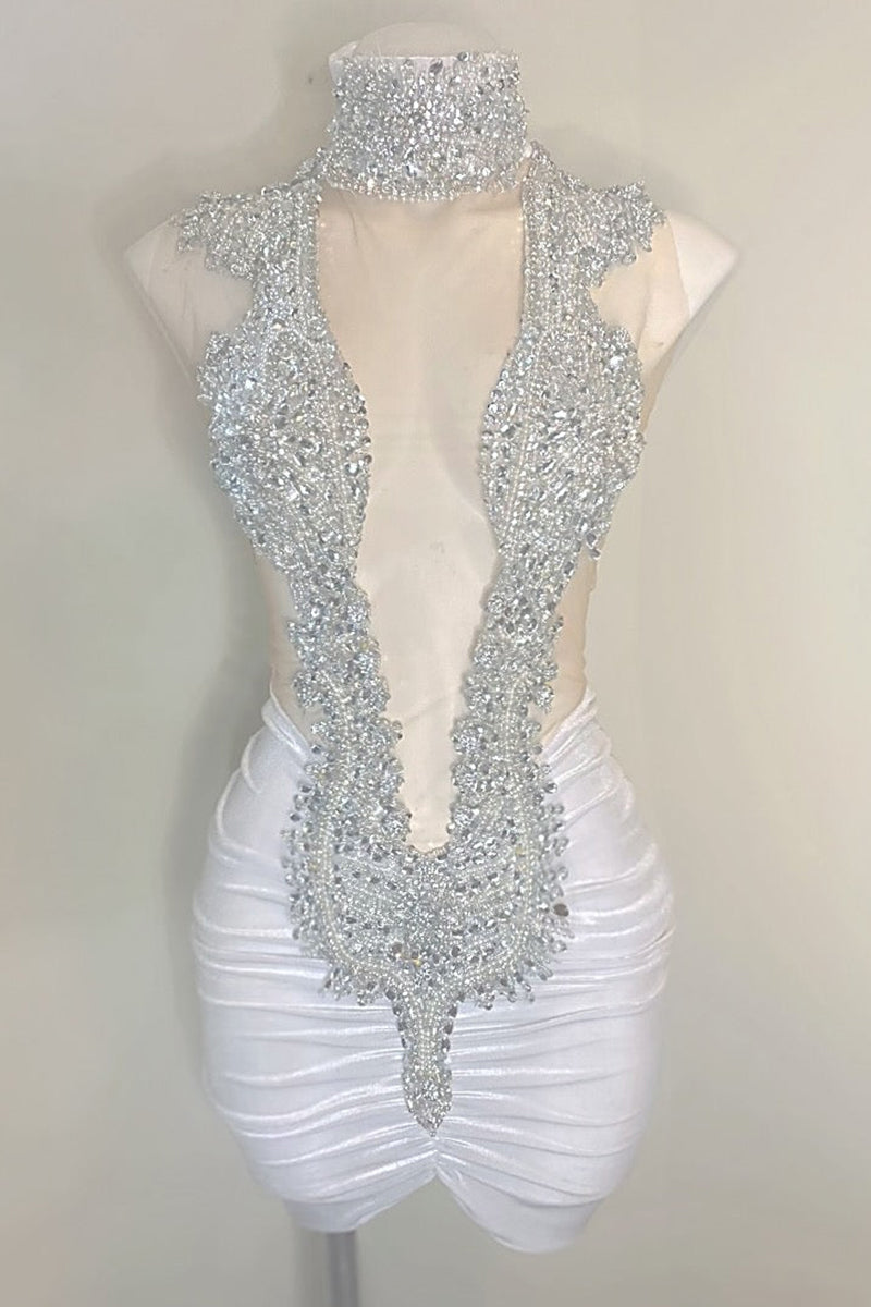 Illusion V Neck Luxury Beads Short Party Dress Homecoming Dress for Black Women QH2508