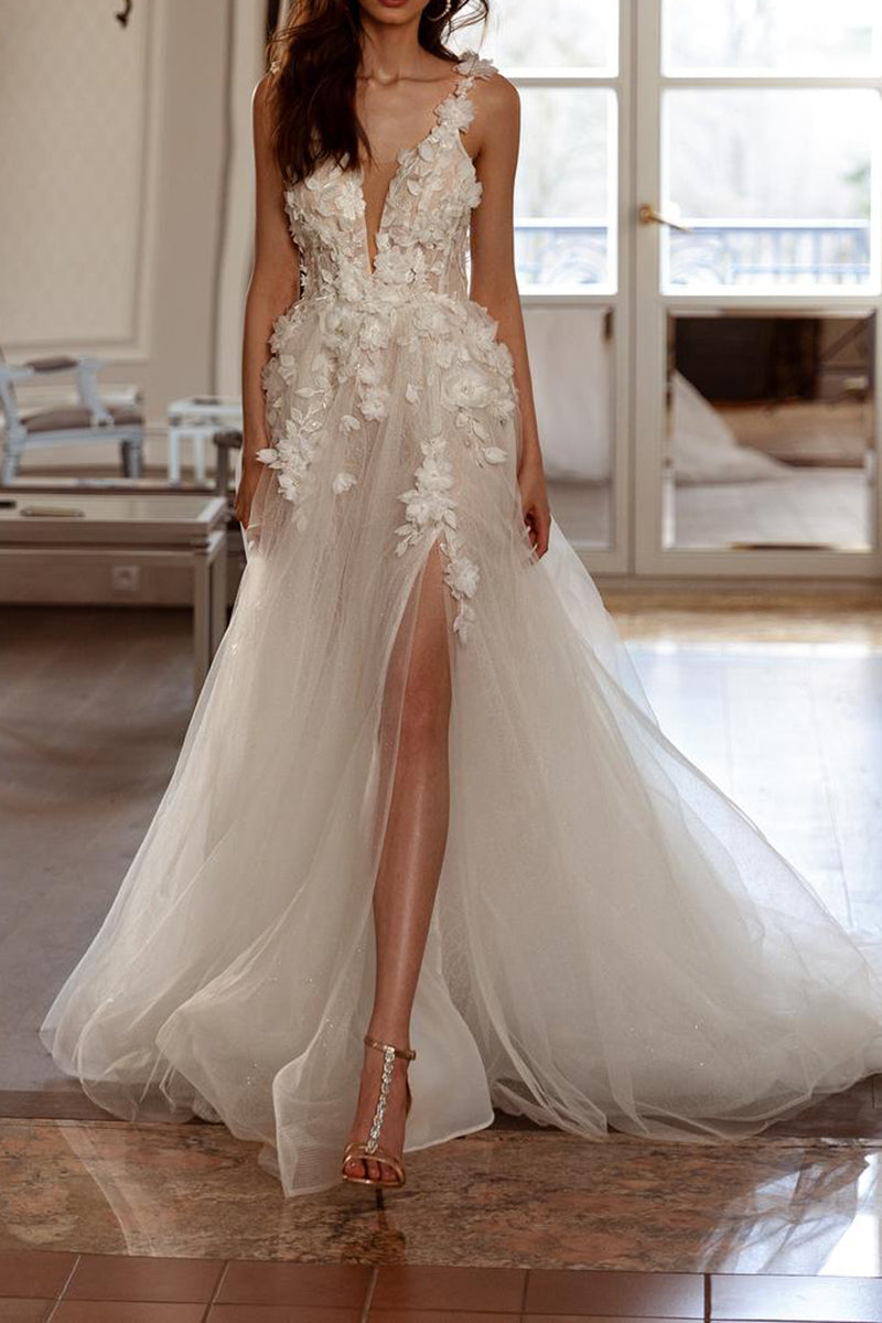 A Line Sexy V Neck 3D Appliques Rustic Wedding Dress with Slit QW2303 SQOSA A Line Sexy V Neck 3D Appliques Rustic Wedding Dress with Slit QW2303 SQOSA