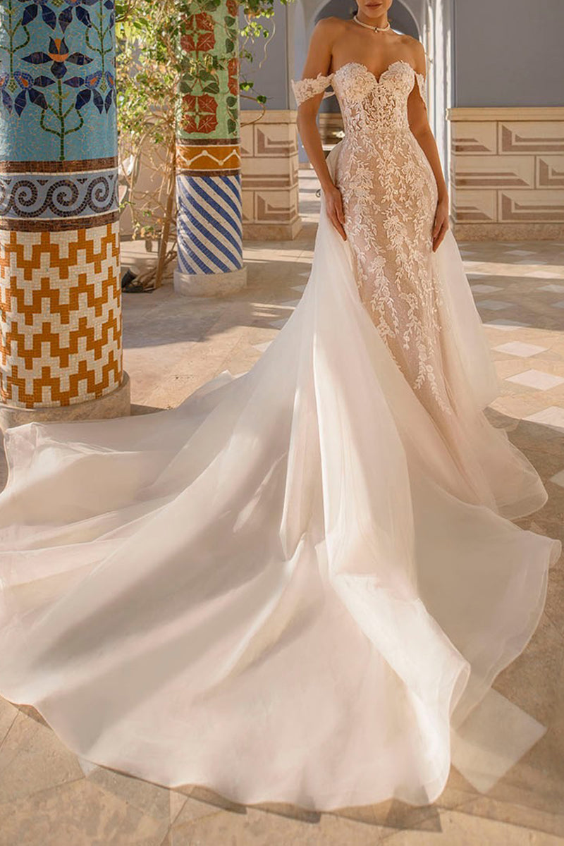 Romantic Allover Lace Wedding Dress with Detachable Skirt Off the Shoulder Bridal Gown QW2282 US12 / Ivory Romantic Allover Lace Wedding Dress with Detachable Skirt Off the Shoulder Bridal Gown QW2282 US12 / Ivory