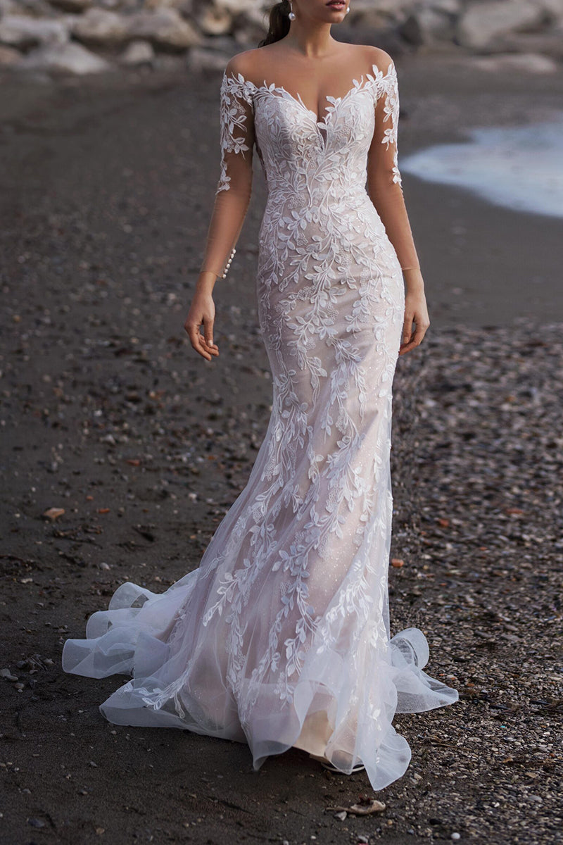 Unique Illusion Neckline Lace Wedding Dress Mermaid Bridal Gown with Sweep Train QW2289 US16 / Ivory Unique Illusion Neckline Lace Wedding Dress Mermaid Bridal Gown with Sweep Train QW2289 US16 / Ivory