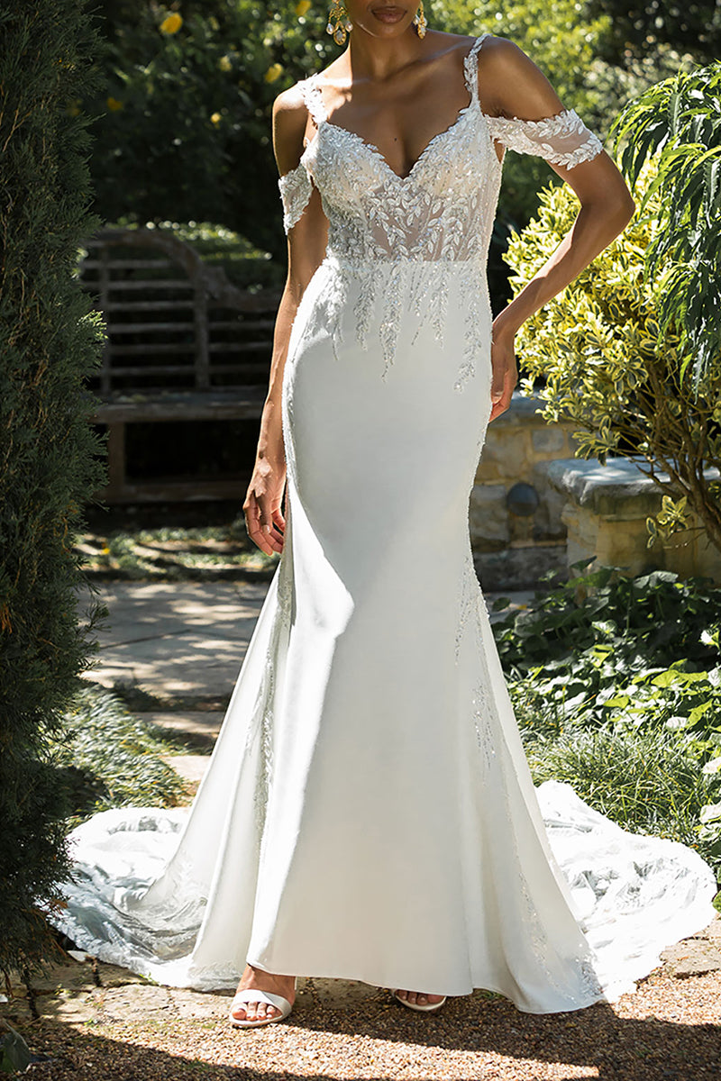 Sexy V Neck Sequins Appliques Mermaid Wedding Dress Open Back Bridal Gown QW2560 US8 / As Picture Sexy V Neck Sequins Appliques Mermaid Wedding Dress Open Back Bridal Gown QW2560 US8 / As Picture