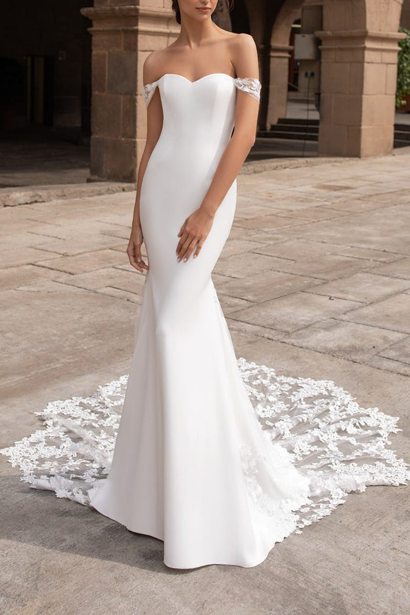 Mermaid Wedding Dress Off the Shoulder Lace Boho Wedding Gown with Court Train QW2280 US8 / Ivory Mermaid Wedding Dress Off the Shoulder Lace Boho Wedding Gown with Court Train QW2280 US8 / Ivory