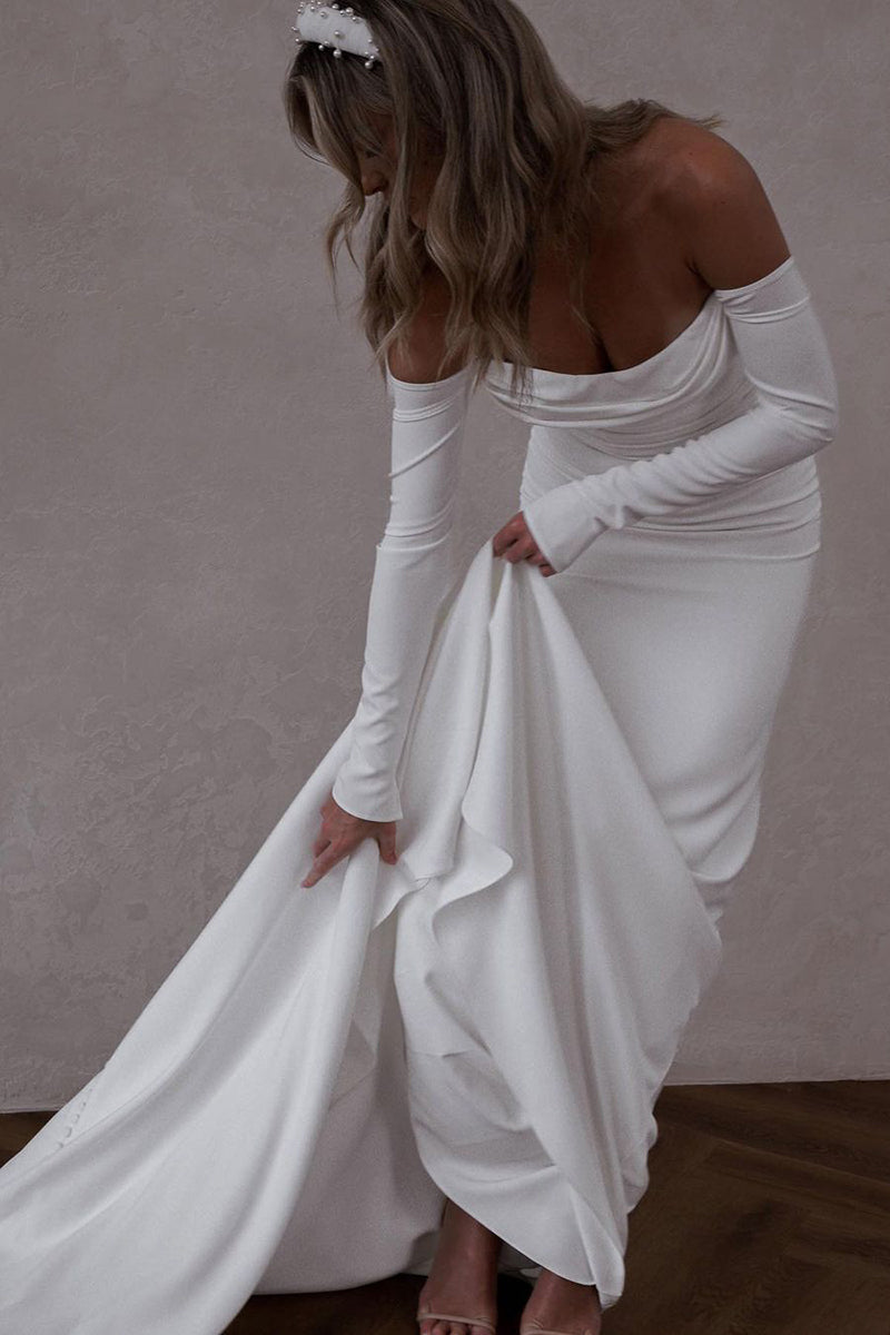 Unique Off Shoulder Long Sleeves Satin Boho Wedding Dress with Court Train QW0830 US8 / White Unique Off Shoulder Long Sleeves Satin Boho Wedding Dress with Court Train QW0830 US8 / White