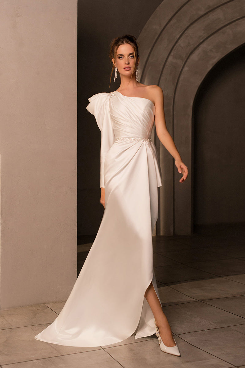 Long Sleeve One Shoulder White Evening Gown Unique One
