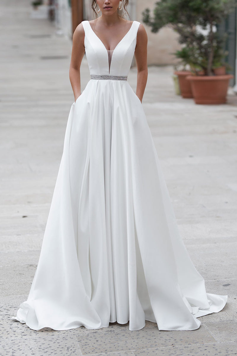 A Line Deep V neck Satin Wedding Dress with Pockets Court Train Simple Bridal Gown QW2270 US2 / White A Line Deep V neck Satin Wedding Dress with Pockets Court Train Simple Bridal Gown QW2270 US2 / White