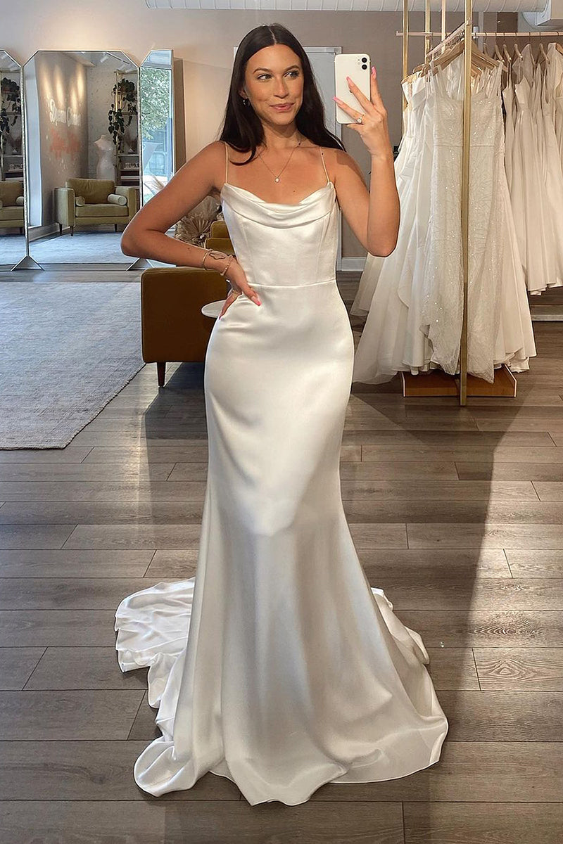 simple mermaid wedding dress Spaghetti Straps Satin Pleats Simple Mermaid Wedding Dress QW2175 US8 / Custom Color