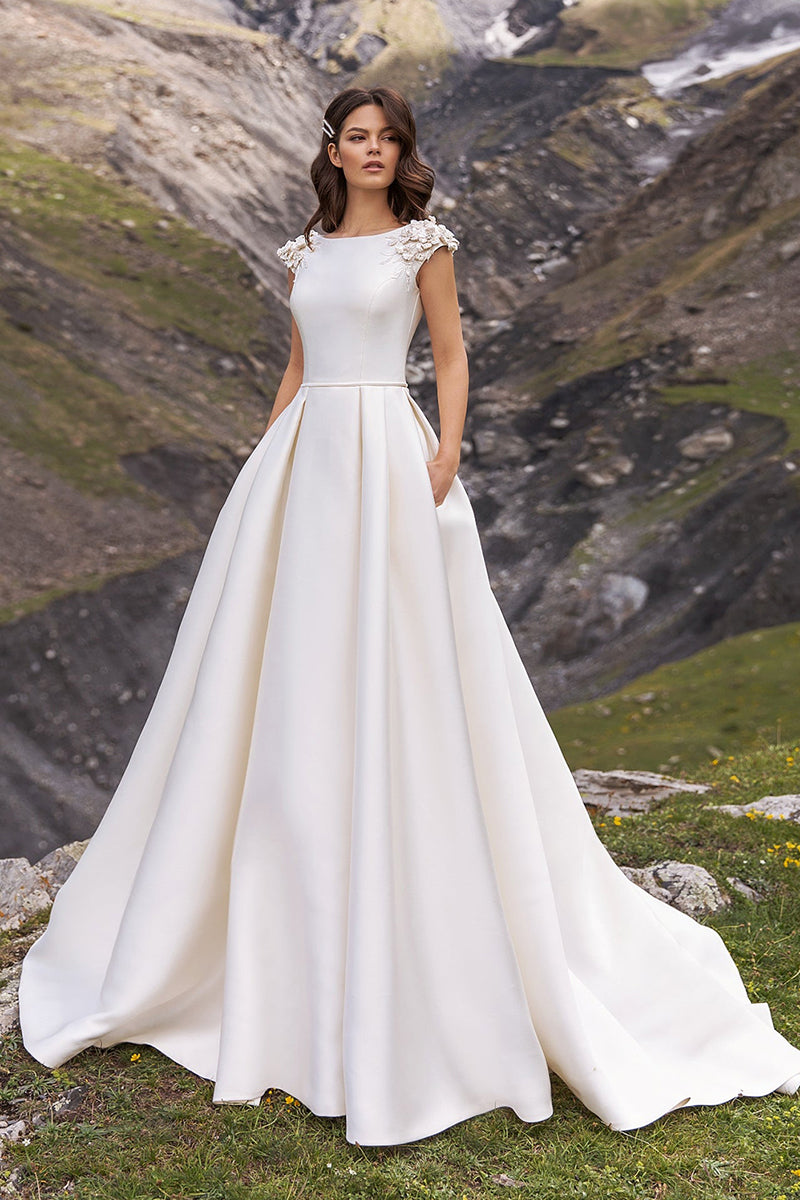 A Line Scoop Cap Sleeves Beads Satin Rustic Wedding Dress with Court Train QW2115 US8 / White A Line Scoop Cap Sleeves Beads Satin Rustic Wedding Dress with Court Train QW2115 US8 / White